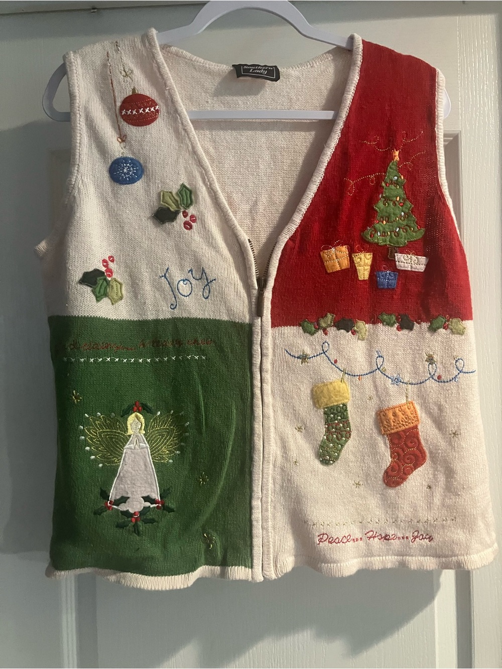 Festive Christmas Vest with Tree & Stocking Appliqués - Red, Green, Cream